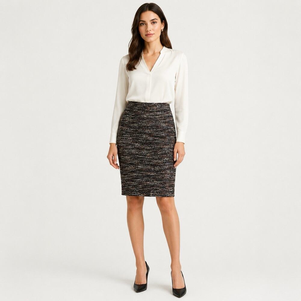 Lafayette 148 New York Petite Size 6 Tweed Pencil Skirt Black Brown Back Zip